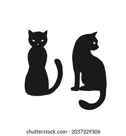 Magic cat - vector linear illustration. Hand drawn magic tools, concept of witchcraft. The witch's hat is an element for a coloring book. Outline. Halloween illustration.