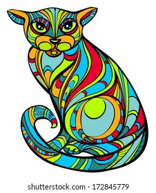 Magic Cat. Vector portrait of improbable colored cat, in Art Nouveau style, stained glass version. Body is isolated on white. Vector elements are grouped.