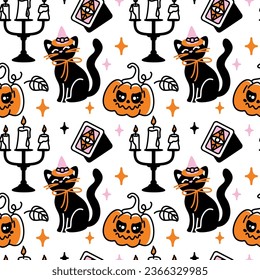 Magic cat in a witch hat. Halloween character. Childish print. Seamless pattern. Vector.