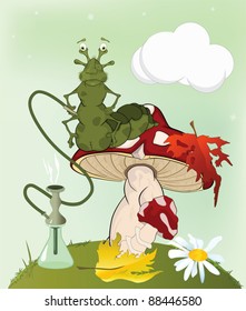 Magic caterpillar on a mushroom and a hookah. Cartoon