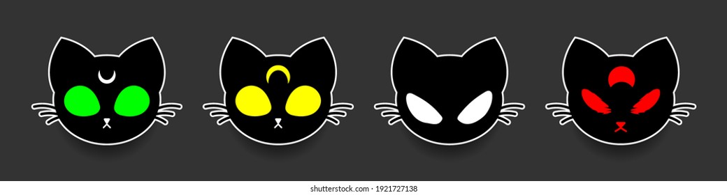 Magic cats, cartoon face character. Cat heads sticker with white outline. Vector illustration isolated on background EPS 10