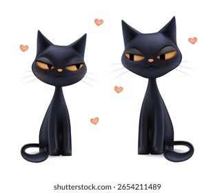 Magic cats couple in love, 3d Halloween devil cute characters. Black friday 13th, valentine animal card. Girl kitty smiling, funny sitting sticker. Heart shape flying in white bg, adorable sight