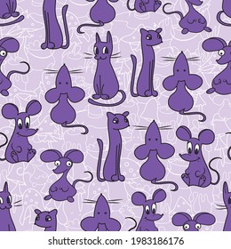Magic cats and mice purple seamless design