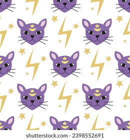 Magic cats and moon seamless pattern. Magical cat heads and witchcraft elements. mystic kitten print for textile, digital paper, packaging, vector illustration