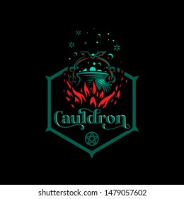 Magic cauldron with a bat handle. Flames of fire and shining magical liquid.