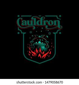 Magic cauldron with a bat handle. Flames of fire and shining magical liquid.