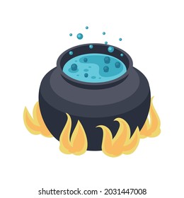 Magic cauldron with boiling liquid on fire isometric icon 3d vector illustration