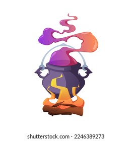Magic cauldron. Boiling magic potion with smoke and bubbles, cartoon magical witch bonfire with steamy poison. Vector colorful illustration of halloween pot, witchcraft potion