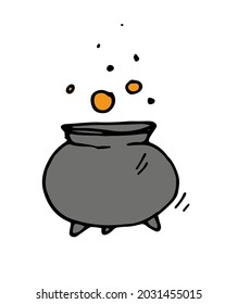 magic cauldron with bubbles in the air color element for Halloween vector isolated element of a witch's cauldron on three legs in gray with orange bubbles from potions drawn by hand in the style 