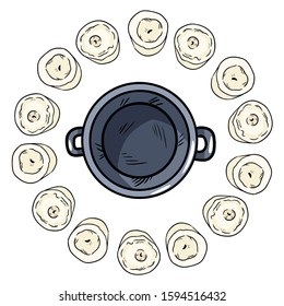 Magic cauldron doodle in a circle of white candles. Wiccan altar setting. Hand drawn wicca design. Isolated on white background illustration