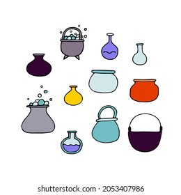 Magic cauldron doodle set. Color witch boiler, tube, flask isolated on white background. Halloween brew kettle with bubbles. Vector illustration for autumn holidays, trick or treat, chemical symbol