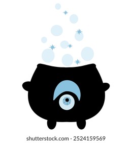 Magic cauldron with eye vector illustration, stars and bubbles