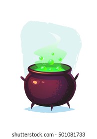 Magic cauldron with glowing green bubbling potion Cartoon halloween vector illustration