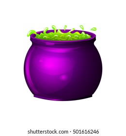 Magic cauldron with glowing green bubbling potion Cartoon halloween vector illustration