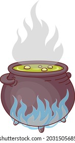 Magic cauldron with green potion on fire in cartoon style