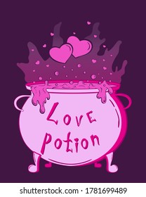 Magic cauldron with love potion and hearts. Cute pink halloween sticker for your design, banner, cover, poster. Hand drawn illustration in pink palette