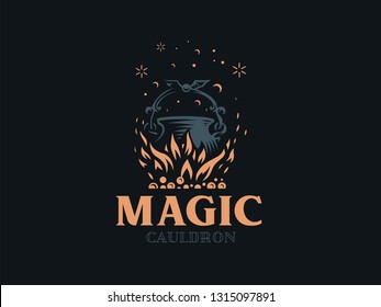 Magic cauldron. A magical potion is brewed in the cauldron. Vector illustration.
