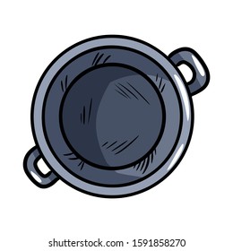 Magic cauldron with pentagram doodle. Hand drawn wiccan design. Alchemy, potions symbol. Isolated on white background lineart image
