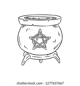 Magic cauldron with pentagram doodle sketch. Hand drawn wiccan design. Alchemy, potions symbol