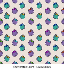 magic cauldron pot vector illustraation on violet background. seamless pattern, thin outline hand drawn vector. doodle hallowee for wallpaper, cover, backdrop, fabric, wrapping paper and gift.