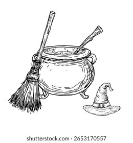 Caldeirão mágico com uma poção, uma vassoura e um chapéu de bruxa, um esboço de tinta preta e branca. Ilustração vetorial. Uma comitiva mística de Halloween, isolada sobre um fundo branco. tema de magia e bruxaria