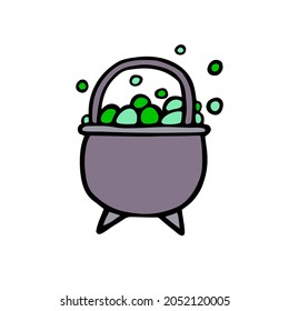 Magic cauldron of potion doodle. Cartoon witch's boiler isolated on white background. Halloween brew kettle with bubbles. Vector illustration for spooky autumn holidays, print, trick or treat symbol