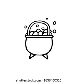 Magic cauldron of potion doodle. Outline witch's boiler isolated on white background. Halloween brew kettle with bubbles. Vector illustration for spooky autumn holidays, print, trick or treat symbol