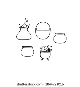 Magic cauldron of potion doodle set. Outline witches boiler isolated on white background. Halloween brew kettle with bubbles. Vector illustration for spooky autumn holidays, print, trick or treat sign