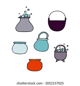 Magic cauldron of potion doodle set. Colored witches boiler isolated on white background. Halloween brew kettle with bubbles. Vector illustration for spooky autumn holidays, print, trick or treat sign