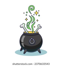 Magic cauldron with magic potion and human bones. Cute cartoon cauldron. Hand drawn cauldron illustration for Halloween. Magic potion. Vector illustration in cartoon style.