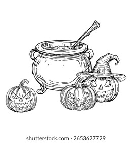 Magic cauldron with potion and pumpkins with carved faces, black and white ink sketch. Vector illustration. A mystical Halloween entourage, isolated on white background. Theme of magic and witchcraft