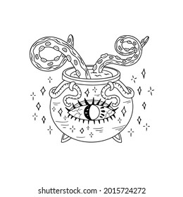 Magic cauldron with potion and tentacles. Hand-drawn isolated vector doodle illustration of a witch's pot. Black outline. Design for logo, icon, banner, halloween.