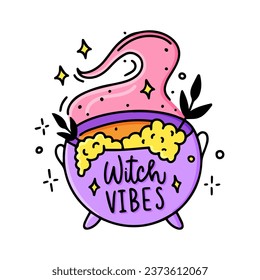 A magic cauldron with a potion. A witchcraft magic symbol. A graphic element of Halloween, an inscription from the word witch vibes. Vector illustration of alchemy, black magic.