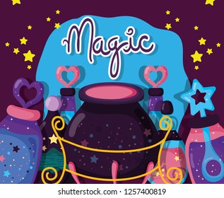 magic cauldron with potions effect and stars