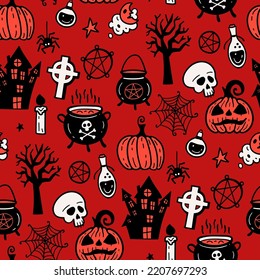 Magic cauldron, pumpkin, tree, skull. Mystical holiday background. Seamless vector pattern, magic hand drawn doodle.