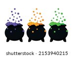 Magic cauldron with witch potion  Halloween black pot. Alchemy old cauldron with poison with bubbles green purple orange color icon set isolated on white background. Flat cartoon vector illustration.