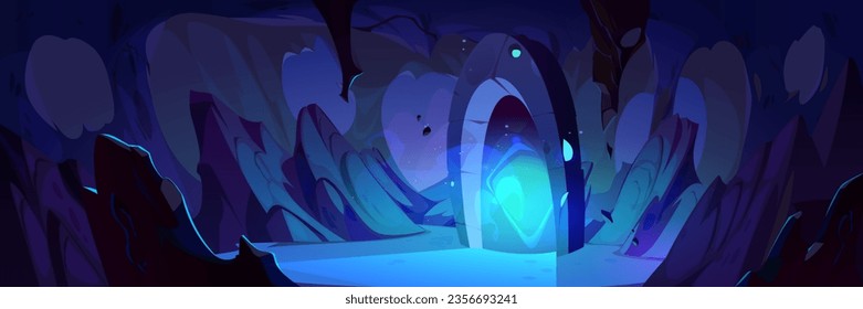 Magic cave with fantasy portal door cartoon vector. Alien teleport gate in dark mine with glow effect. Ancient cavern with mysterious entrance to wizard dimension abstract underground scene design