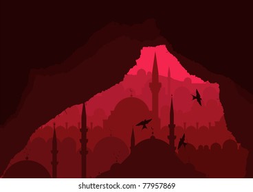 Magic cave view on islamic city landscape