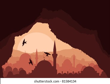 Magic cave view on islamic city landscape