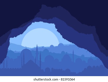 Magic cave view on islamic city landscape