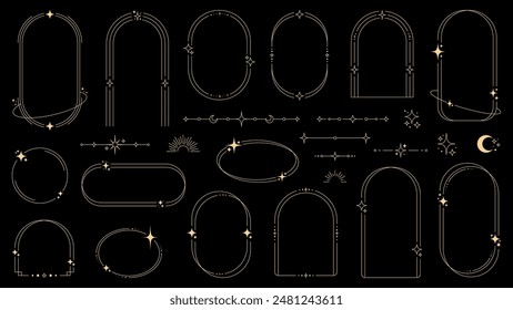 Magic celestial arch frames and borders, y2k shapes of vector line minimal boho stars, moon, sun and sparks. Oval, circle and arc shape frames with borders of astrology and esoteric outline elements