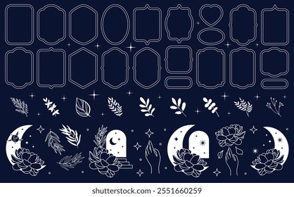 Magic celestial arch frames and borders, simple shapes, vector. Flowers, boho stars, moon, branch, sparks. Oval, circle and arc shape frames with borders. Astrology, esoteric, floral, flower outline