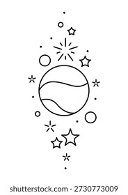 Magic celestial body and stars. Line art style.