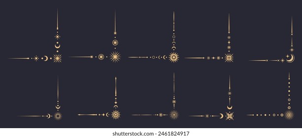 Magische Himmelsrandecken. Vektorgrafik Set von dekorativen goldenen Winkeln mit Sternen, Monden, Sonnen und kosmischen Mustern. Boho-Stil, elegante Raumdekoration mit einer einzigartigen stellaren Verzierungen