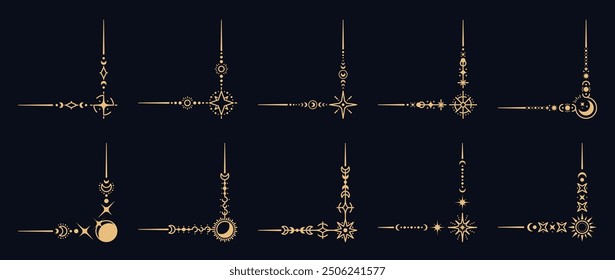 Esquinas de frontera celestial mágicas. Conjunto de Vector de marcos de estilo Boho, elegante decoración del espacio con adornos estelares únicos. Ángulos dorados decorativos con estrellas, lunas, soles y patrones cósmicos