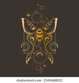 Magic celestial butterfly and moon clipart in golden foil texture, mystic space moth with crescent moon, gold colored insects composition in vector, isolated design for t-shirt, poster, postcards