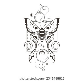 Magischer Himmelsschmetterling und Mondsilhouettes Clipart Art, mystische Raummotte mit Halbmond, schwarz-weißer Insektenzusammensetzung in Vektorgrafik, isoliertes Design-Element für T-Shirt, Poster, Postkarten