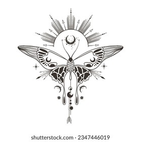 Clíparte de silueta de mariposa o polilla celeste mágica, insecto espacial místico con luna creciente y sol, composición en blanco y negro en vector, elemento de diseño aislado para camisetas, afiches, postales