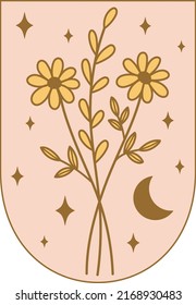 Diseño vectorial de ramos de flores celestiales mágicas. Boho mágico flores silvestres. Flores místicas de campo y estrellas