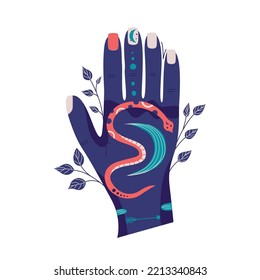 Magic celestial hand woman with moon and snake isolated. Esoteric design. Flat graphic vector illustration